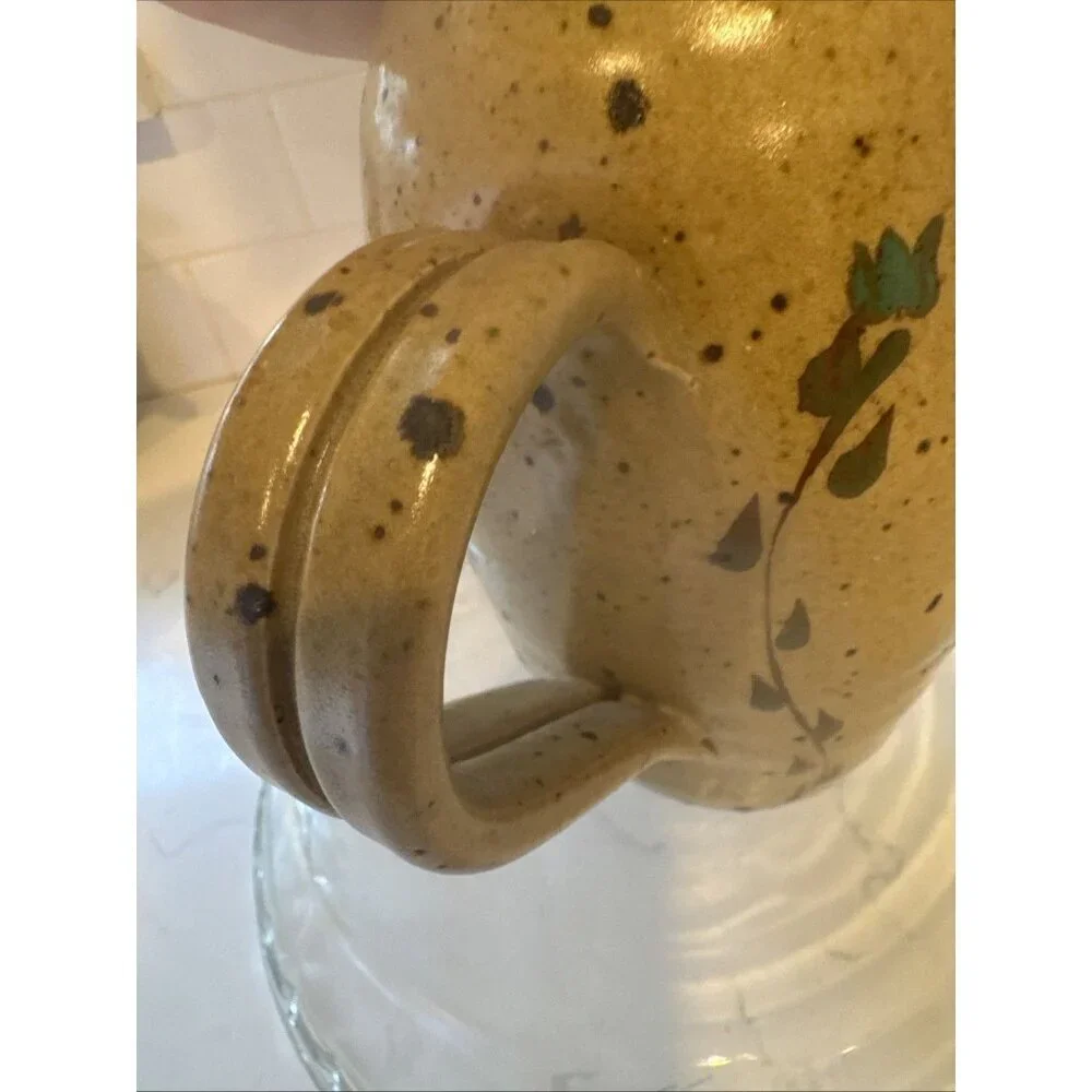 Small Handmade Pitcher Brown With Flowers 7 1/2 Tall Vintage